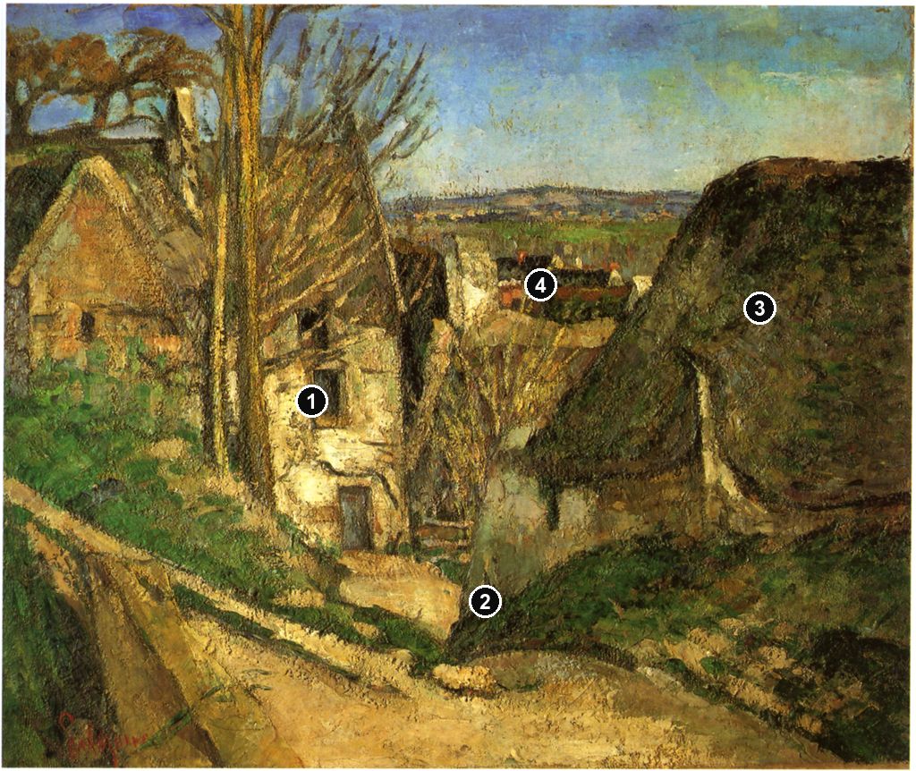 Annotated details from The Hanged Man’s House at Auvers by Paul Cézanne